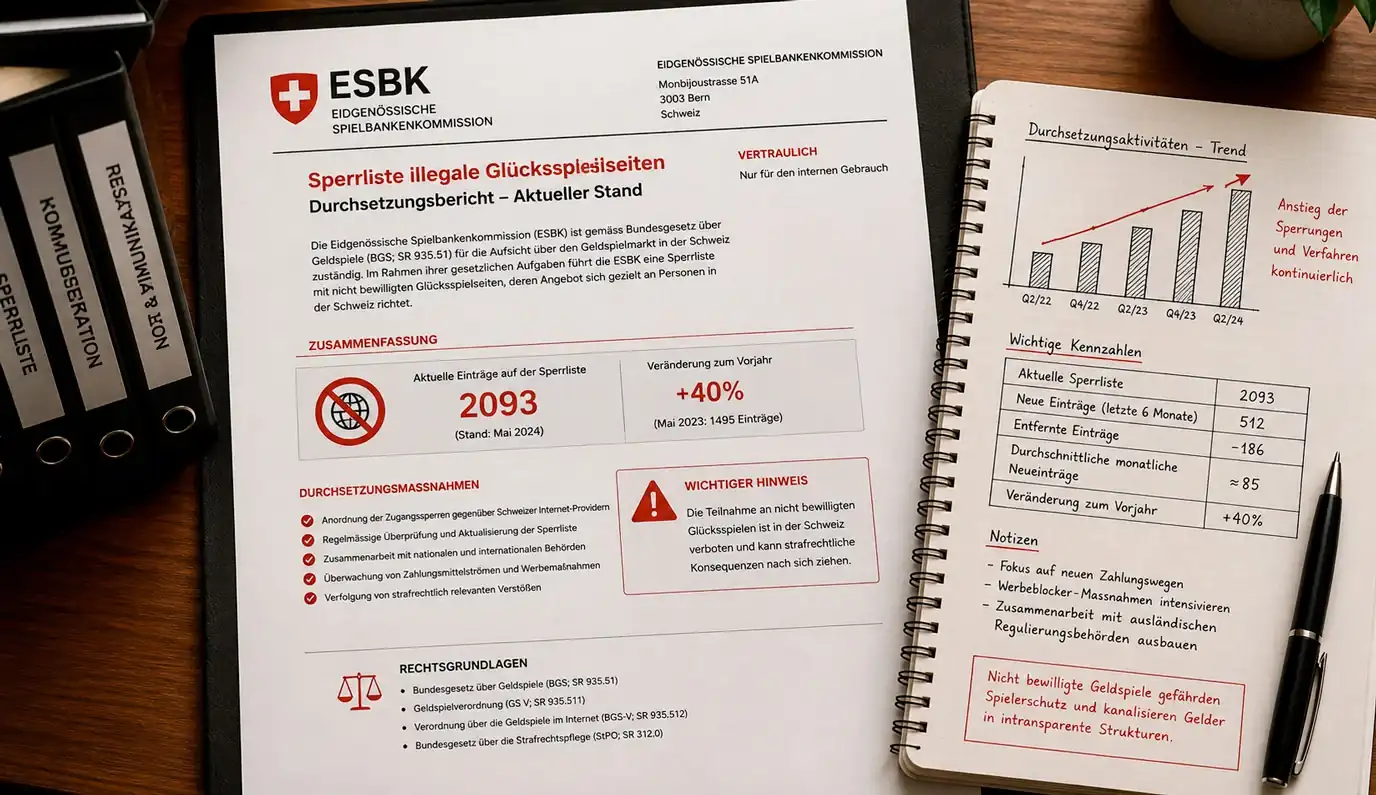 ESBK Sperrliste illegale Online-Glücksspiel-Anbieter Schweiz 2093 Einträge Enforcement 2024