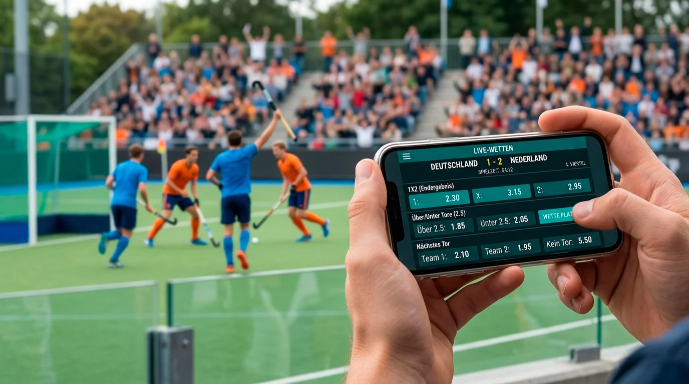 Feldhockey Live Wetten Echtzeit-Quoten auf Smartphone-Display während eines laufenden Spiels