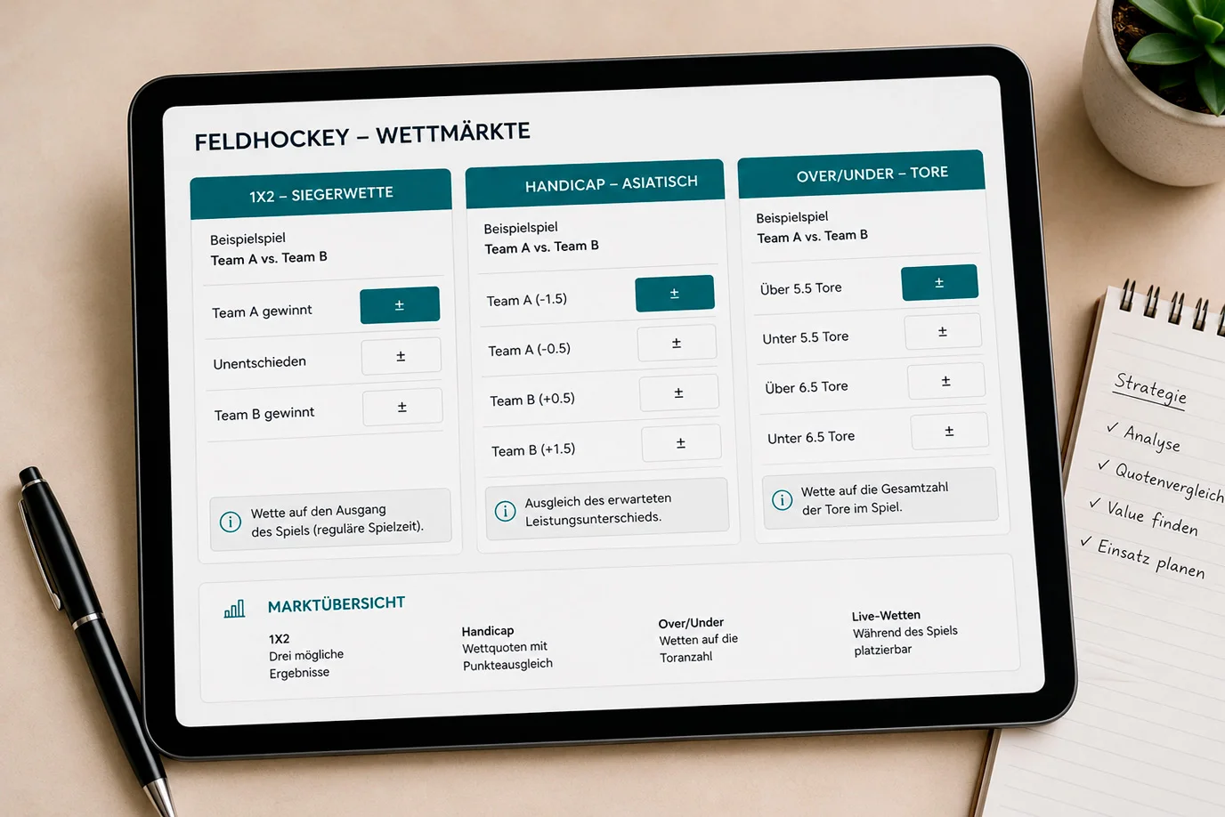 Feldhockey Wettmärkte Übersicht mit 1X2, Handicap und Over/Under Quoten auf einem Wettanbieter-Display